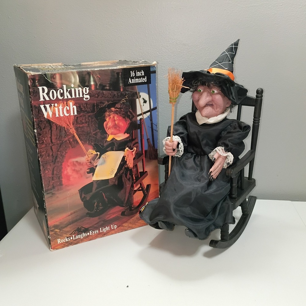 Vtg Gemmy Halloween Factory Rocking Witch Animated Cackling Glow Eyes 1991 W/Box